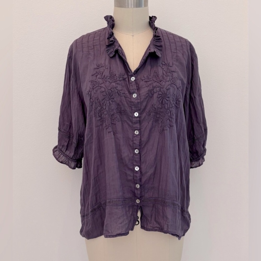 JP & Mattie M Plum Cotton Pintucks Ruffles Embroidery Cottage Boho ‘Sabine’ Top